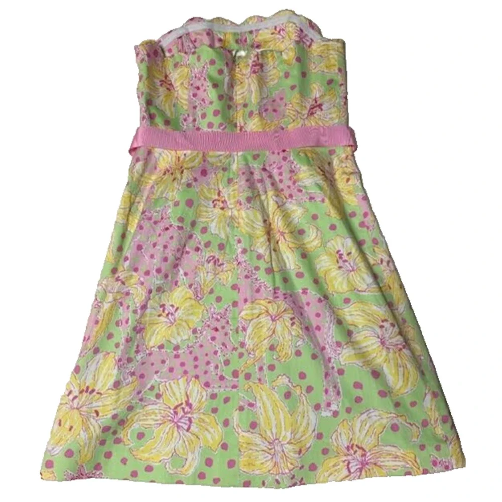 Lilly Pulitzer Strapless Floral Dress Pink Green Cotton Summer Sundress Sz 8 - Picture 2 of 14
